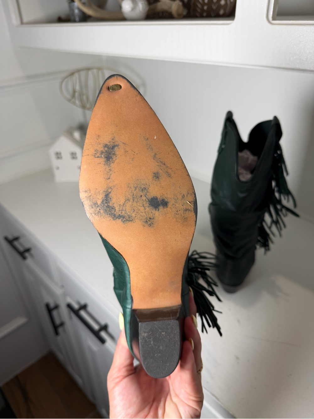 Vintage Dingo Womens 6.5M Forest Green Leather Fringe Cowboy Boots Tall Western - Picture 8 of 9